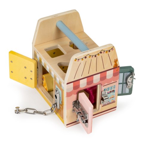 Drewniana kostka edukacyjna, sorter klockami cztery zamki, uchwyt ECOTOYS Drewniana kostka edukacyjna, sorter klockami cztery zamki, uchwyt ECOTOYS