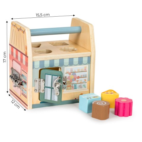 Drewniana kostka edukacyjna, sorter klockami cztery zamki, uchwyt ECOTOYS Drewniana kostka edukacyjna, sorter klockami cztery zamki, uchwyt ECOTOYS
