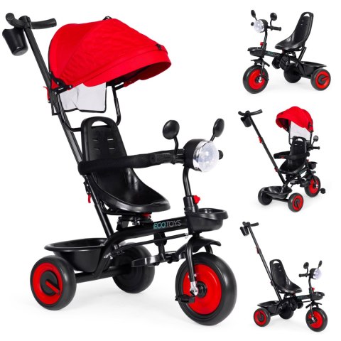 Rowerek trójkołowy dla dzieci spacerówka 3w1 obracane siedzisko daszek czerwony ECOTOYS ECOTOYS