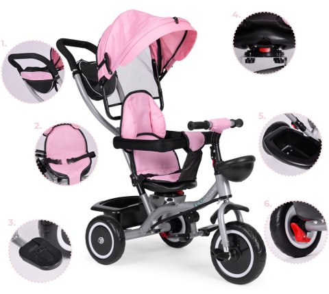 Rowerek trójkołowy spacerówka 2w1 obracane siedzisko składany daszek różowy - ECOTOYS ECOTOYS Rowerek trójkołowy spacerówka 2w1 obracane siedzisko składany daszek różowy - ECOTOYS ECOTOYS
